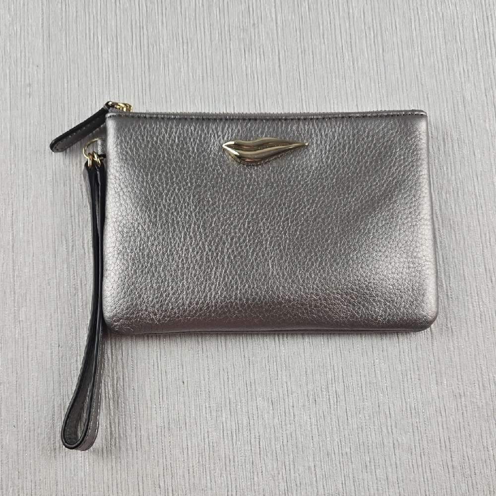 Diane von Furstenberg DVF Metallic Silver Leather Lip Wristlet Pouch A1073082U